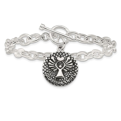 Sterling Silver Oxidized Dangle GUARDIAN ANGEL Toggle Clasp Bracelet