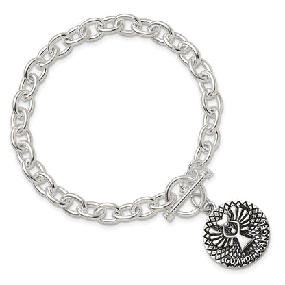Sterling Silver Oxidized Dangle GUARDIAN ANGEL Toggle Clasp Bracelet