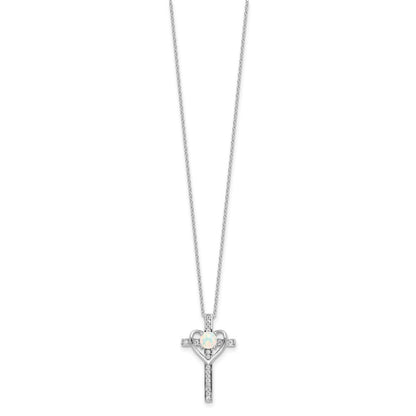 Sterling Silver RH-plated Created Opal and CZ Cross w/Heart 18in Necklace