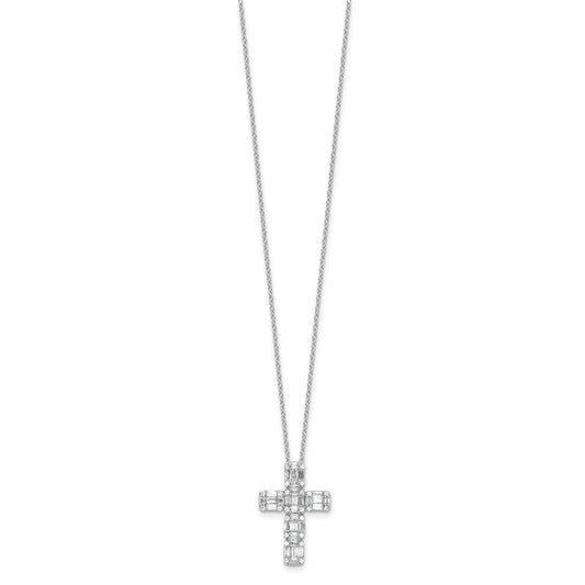 Sterling Silver Rhodium-plated Baguette CZ Cross 18in Necklace