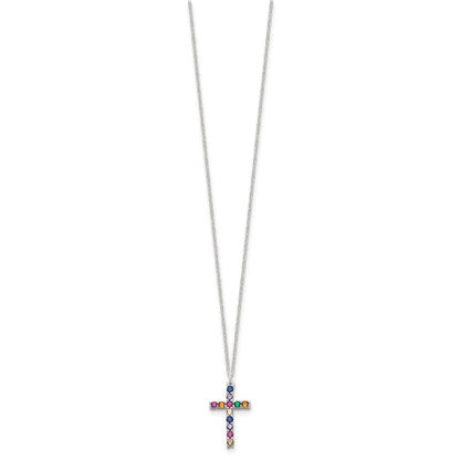 SS Multi Color E-Coating CZ Cross 16in w/2in ext Necklace