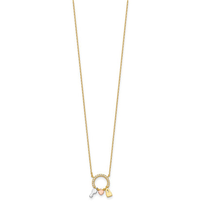 Sterling Silver Rhod-plated Gold/Rose-tone CZ Key/Lock/Heart w/2In Ext Neck