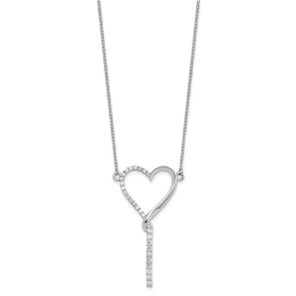 Sterling Silver Rh-plated Polished CZ Dangle Heart w/ 2.25in ext. Necklace