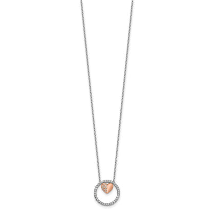 Sterling Silver Rh-plated Rose-tone CZ Heart  w/1in ext Necklace