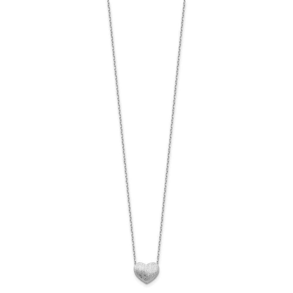 Sterling Silver Rho-plated  Brushed Heart 16.5in w/1in ext Necklace