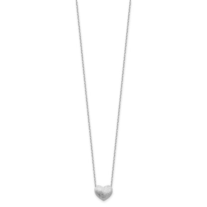 Sterling Silver Rho-plated  Brushed Heart 16.5in w/1in ext Necklace
