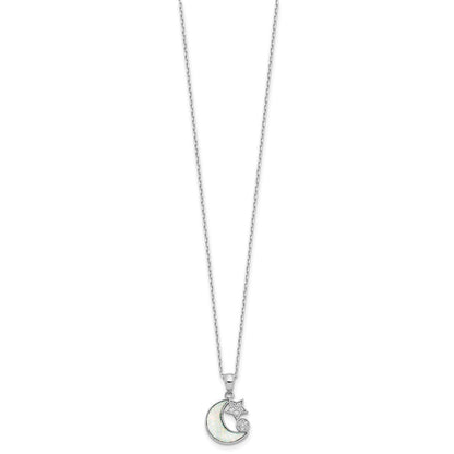 Sterling Silver Rhod-plated CZ Created Opal Inlay Moon w/2in ext Necklace