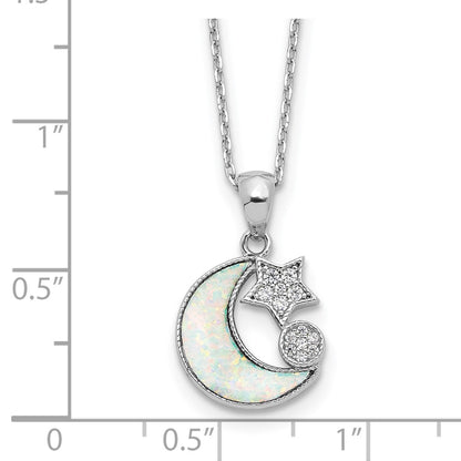 Sterling Silver Rhod-plated CZ Created Opal Inlay Moon w/2in ext Necklace