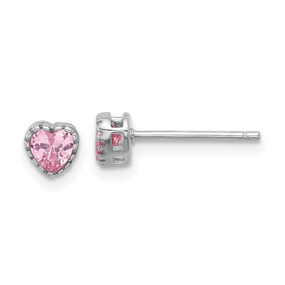 Sterling Silver Rhodium-plated Polished Pink CZ Heart Children's 13in w/2in Ext. Necklace & Stud Earring Set