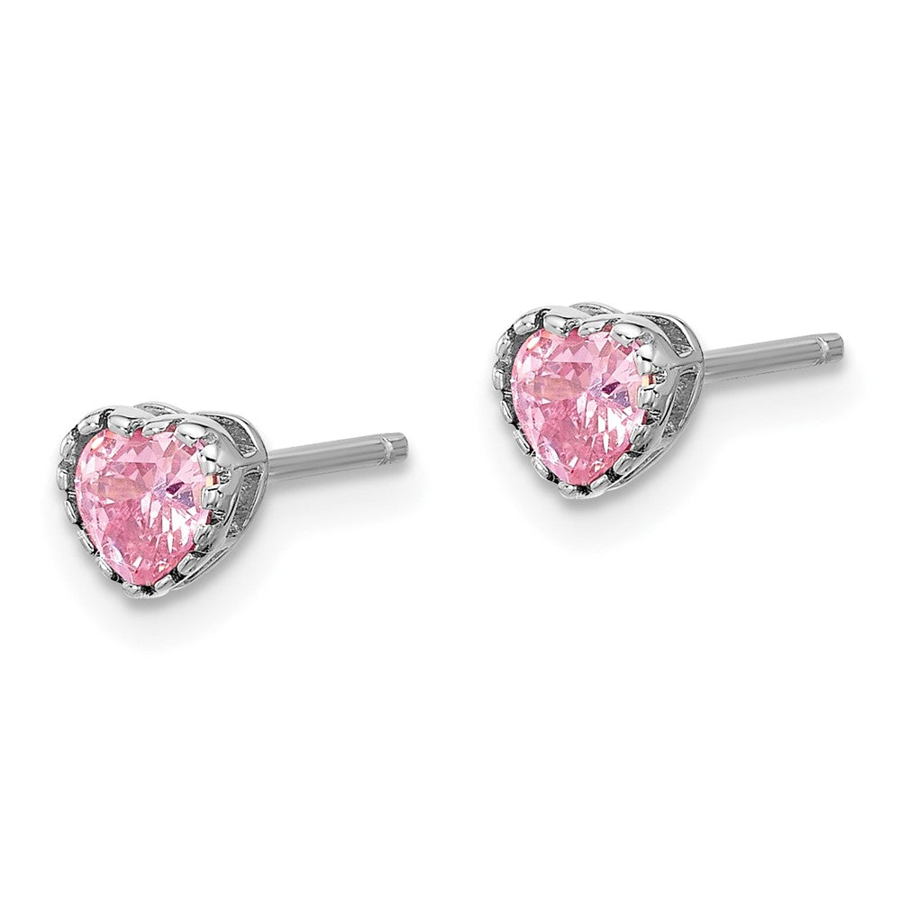 Sterling Silver Rhodium-plated Polished Pink CZ Heart Children's 13in w/2in Ext. Necklace & Stud Earring Set