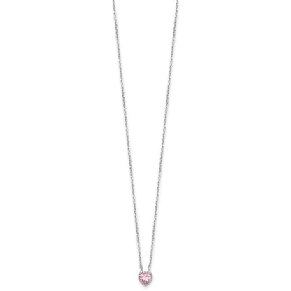 Sterling Silver Rhodium-plated Polished Pink CZ Heart Children's 13in w/2in Ext. Necklace & Stud Earring Set