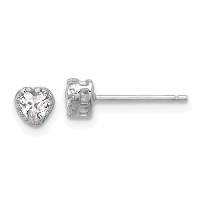Sterling Silver Rhodium-plated Polished CZ Heart Children's 13in w/2in Ext. Necklace & Stud Earring Set