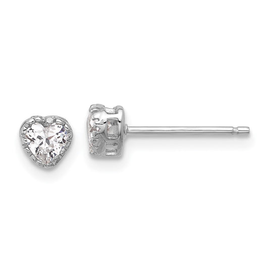 Sterling Silver Rhodium-plated Polished CZ Heart Children's 13in w/2in Ext. Necklace & Stud Earring Set