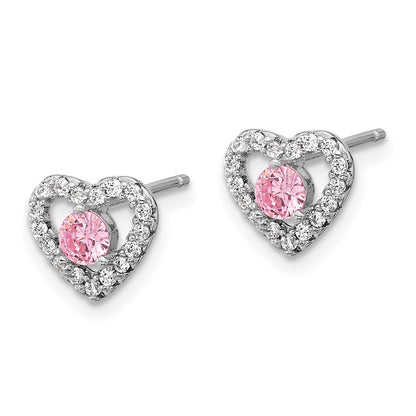 Sterling Silver Rhodium-plated Polished Pink & White CZ Heart Children's 10in w/2in Ext. Necklace & Post Earring Set