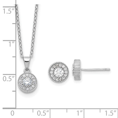 Sterling Silver RH-plated CZ Post Earrings and 16in Necklace w/2in ext Set
