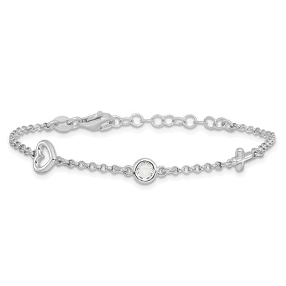 Sterling Silver RH-plated CZ Heart & Cross w/1in Ext. Children's Bracelet