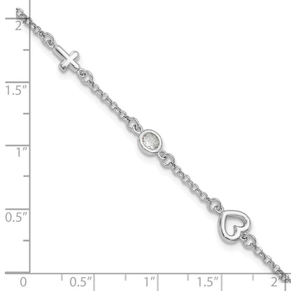 Sterling Silver RH-plated CZ Heart & Cross w/1in Ext. Children's Bracelet