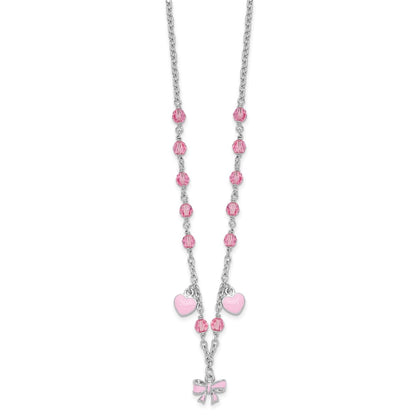 Sterling Silver Rhodium-plated Polished Pink Enamel & Crystal Hearts & Bow w/ 1 inch Extension Children's Necklace