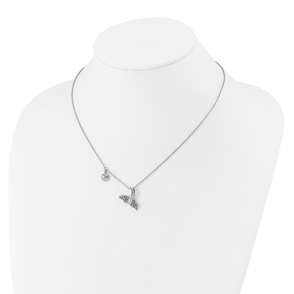 Sterling Silver Rhodium-plated Polished CZ Whale Tail 17.75in Necklace