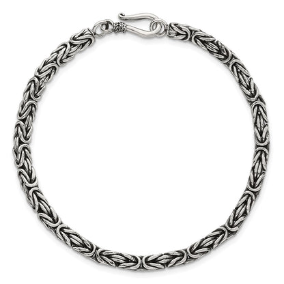 Sterling Silver Antiqued 4.0mm Byzantine 8 Inch Hook Clasp Mens Bracelet