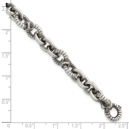 Sterling Silver Black Ruthenium-plated Brushed and Textured Fancy Link Mens 8.25 inch Bracelet