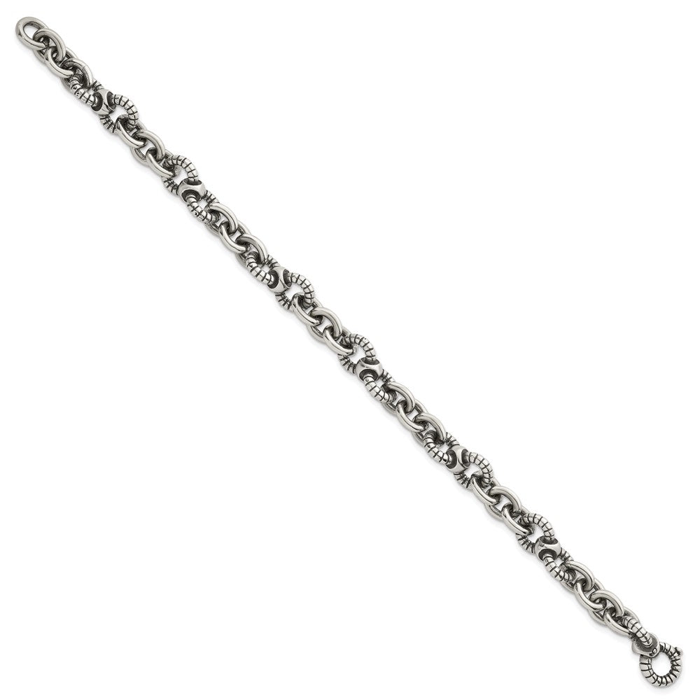 Sterling Silver Oxidized Polished and Textured Round Fancy Cable Link Mens 8.25 inch Bracelet