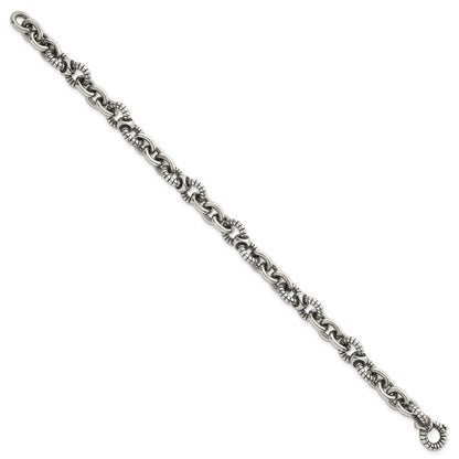 Sterling Silver Oxidized Polished and Textured Round Fancy Cable Link Mens 8.25 inch Bracelet