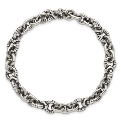 Sterling Silver Oxidized Polished and Textured Round Fancy Cable Link Mens 8.25 inch Bracelet