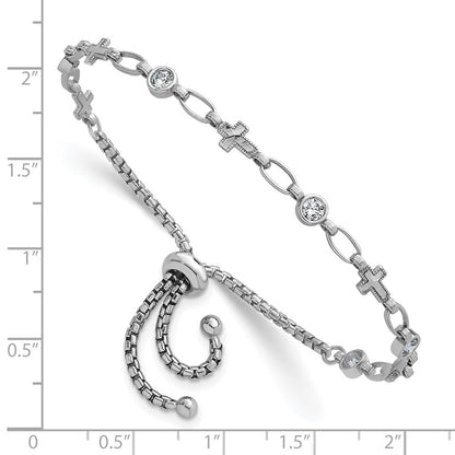 Sterling Silver Rhodium-plated Polished Round CZ and Cross Adjustable Bolo Bracelet