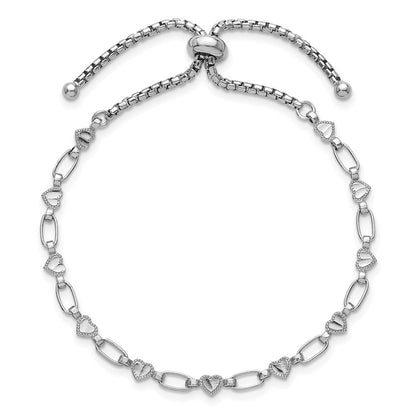 Sterling Silver Rhodium-plated Polished Heart and Rectangle Link Adjustable Bolo Bracelet