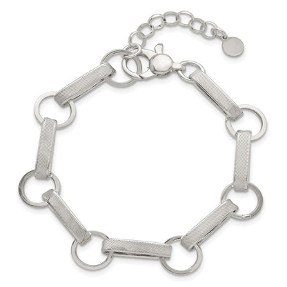 Sterling Silver Polished and Textured Oval and Round Link 7.5 inch with 1 inch Extender Bracelet