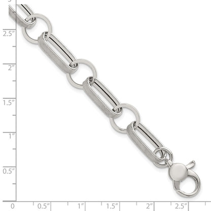 Sterling Silver Polished and Textured Oval and Round Link 7.5 inch with 1 inch Extender Bracelet