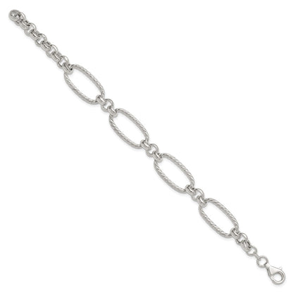 Sterling Silver Polished and Twisted Fancy Oval Link 7.5 inch Bracelet