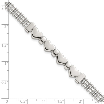 Sterling Silver Polished and Beaded 4-Hearts 7.25 Inch Bracelet