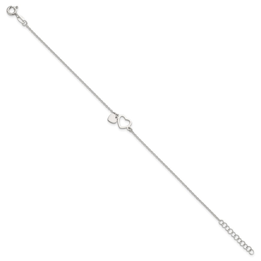 Sterling Silver Polished Double Heart 7 inch with 1 inch Extension Bracelet
