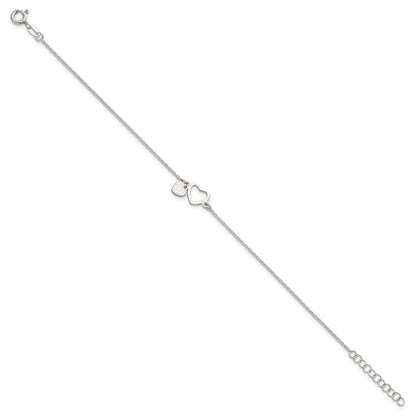 Sterling Silver Polished Double Heart 7 inch with 1 inch Extension Bracelet