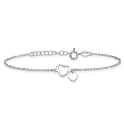 Sterling Silver Polished Double Heart 7 inch with 1 inch Extension Bracelet