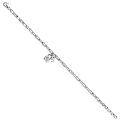 Sterling Silver Rhodium-plated Polished CZ and Lock 7 inch with 0.75 inch Extender Bracelet