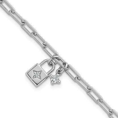 Sterling Silver Rhodium-plated Polished CZ and Lock 7 inch with 0.75 inch Extender Bracelet