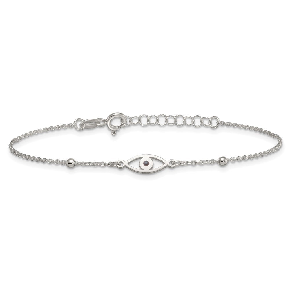 Sterling Silver Polished Beaded Black Enamel Evil Eye 7 inch with 1 inch Extension Bracelet