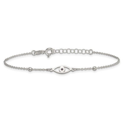 Sterling Silver Polished Beaded Black Enamel Evil Eye 7 inch with 1 inch Extension Bracelet