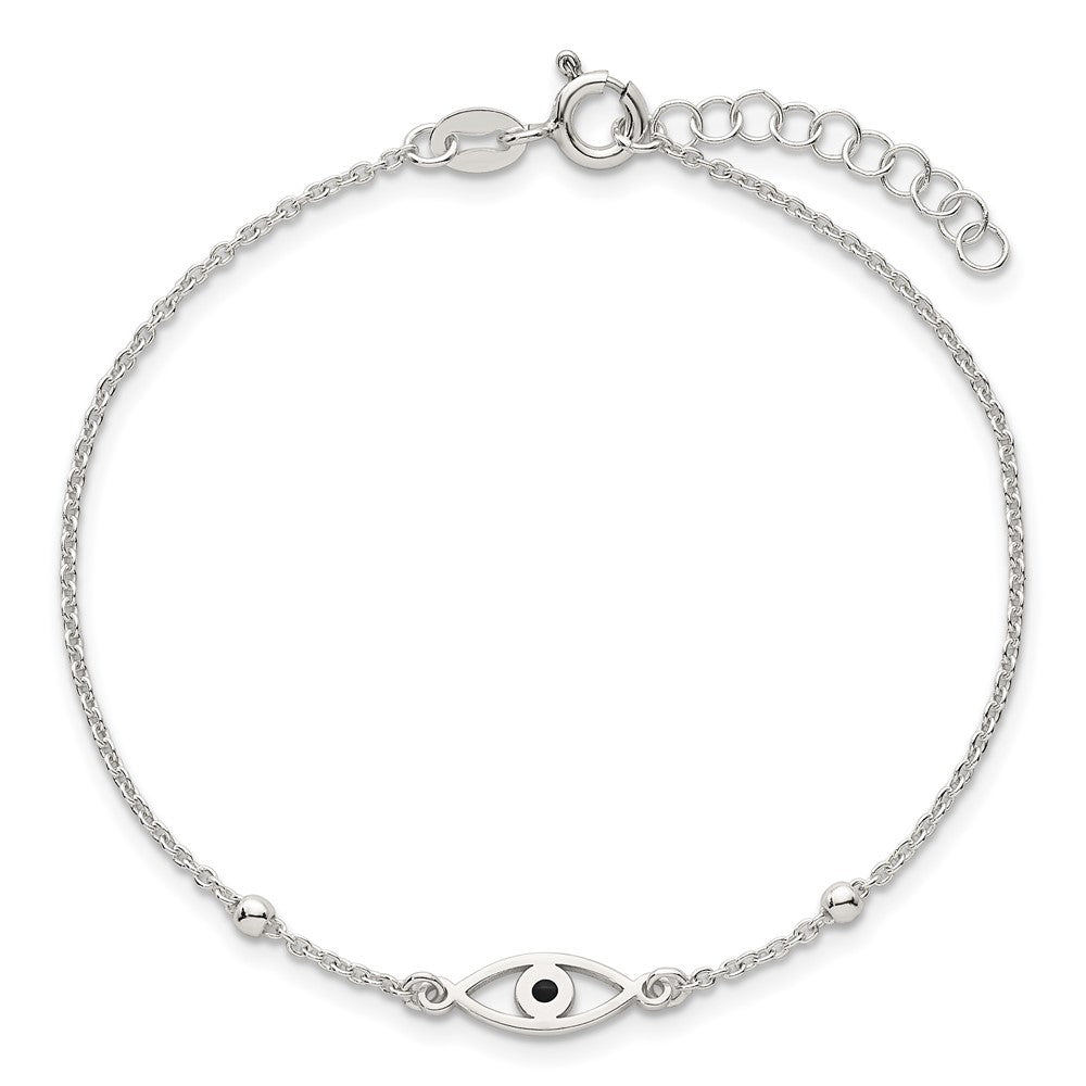 Sterling Silver Polished Beaded Black Enamel Evil Eye 7 inch with 1 inch Extension Bracelet