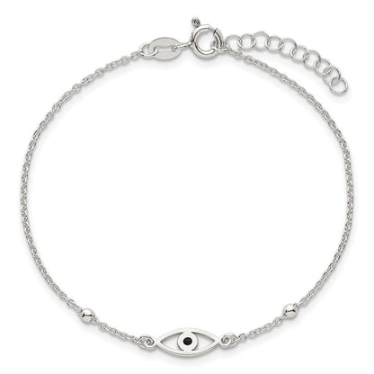 Sterling Silver Polished Beaded Black Enamel Evil Eye 7 inch with 1 inch Extension Bracelet
