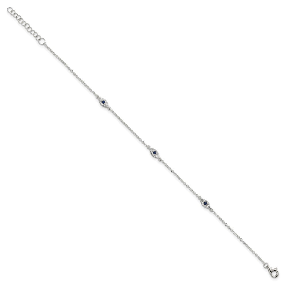Sterling Silver Polished Blue and White CZ Evil Eye 7 Inch with 1 Inch Extension Bracelet