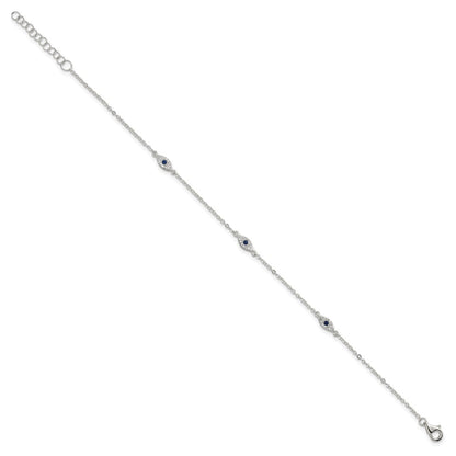 Sterling Silver Polished Blue and White CZ Evil Eye 7 Inch with 1 Inch Extension Bracelet