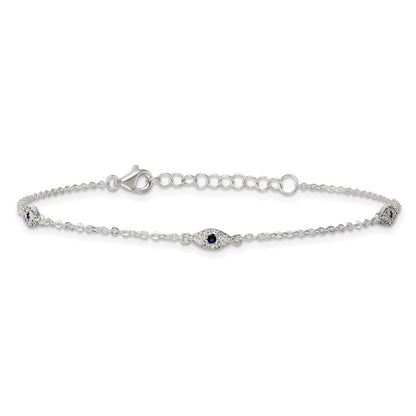 Sterling Silver Polished Blue and White CZ Evil Eye 7 Inch with 1 Inch Extension Bracelet