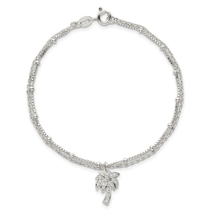 Sterling Silver Polished and Beaded White CZ Palm Tree Dangle Double Strand 7.5 inch Bracelet