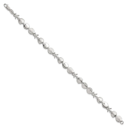 Sterling Silver Polished Textured Starfish, Sand Dollar, and Sea Shell 7.25 inch Bracelet
