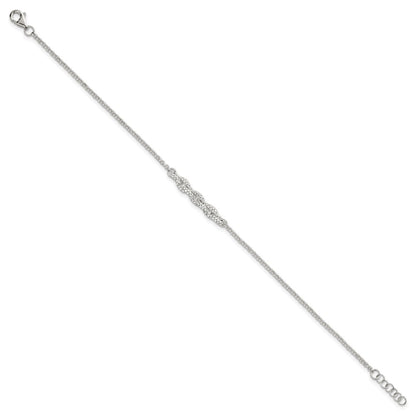 Sterling Silver Polished Pave CZ Cable Link 6.75 Inch with 0.5 Inch Extension Bracelet