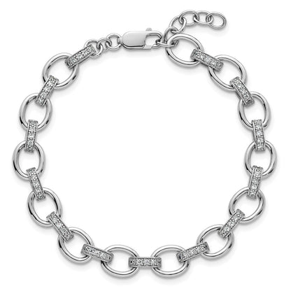 Sterling Silver Rhodium-plated Oval Link with CZ Bars 7 inch with 0.75 inch Extension Bracelet
